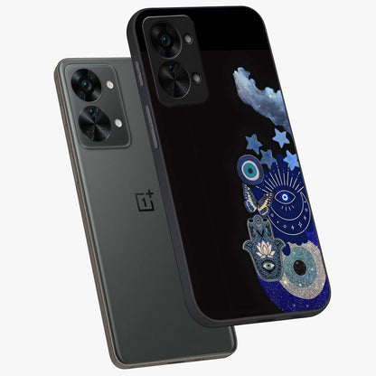 Galactic Charm Cluster Glass Case for 1+Nord 2T angled mockup showcasing glossy finish and vibrant star detailing