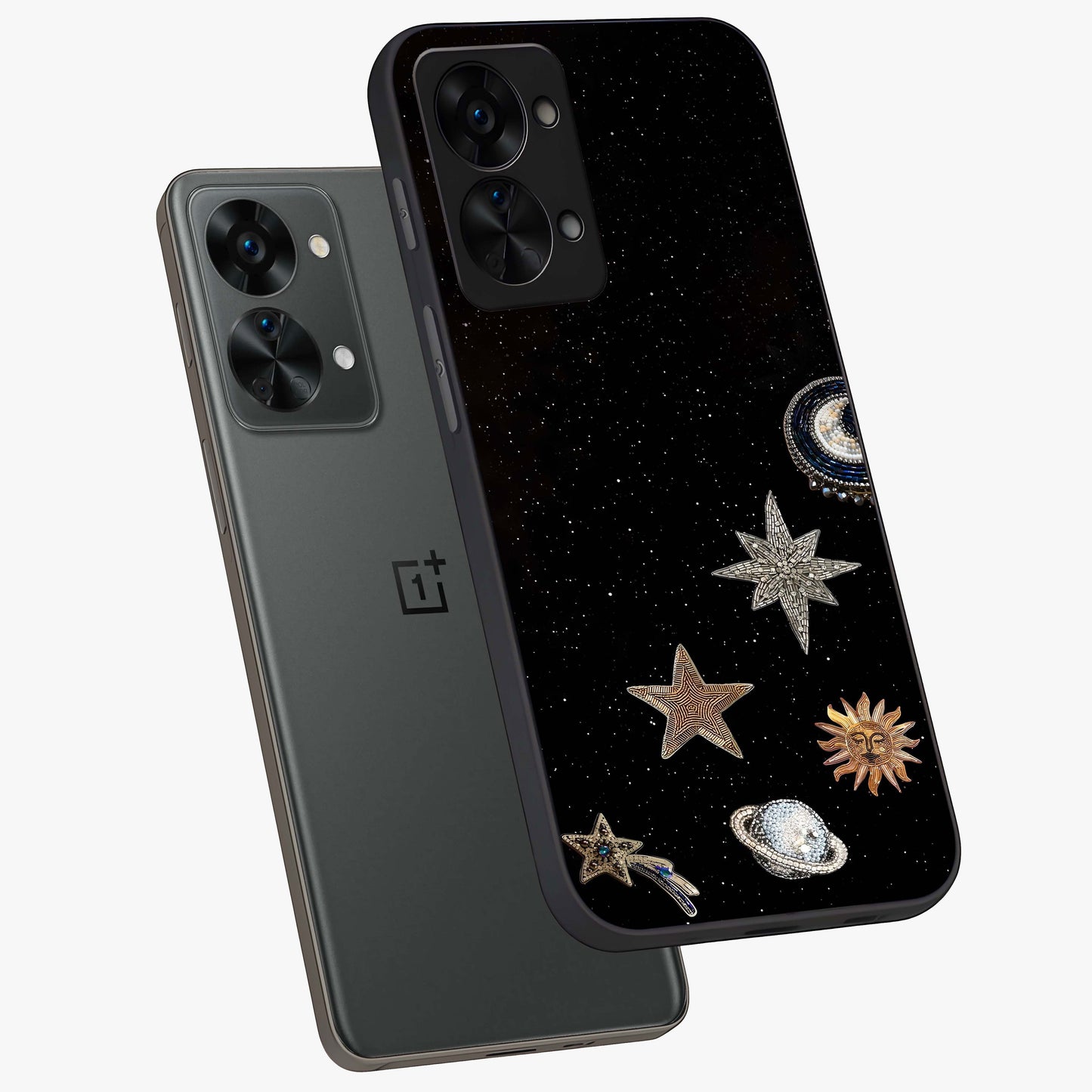 Galactic Charm Glow Glass Case for 1+Nord 2T angled mockup showcasing glossy glass finish and luminous galaxy tones