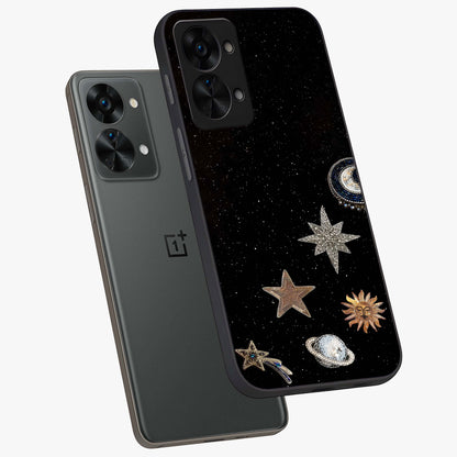 Galactic Charm Glow Glass Case for 1+Nord 2T angled mockup showcasing glossy glass finish and luminous galaxy tones