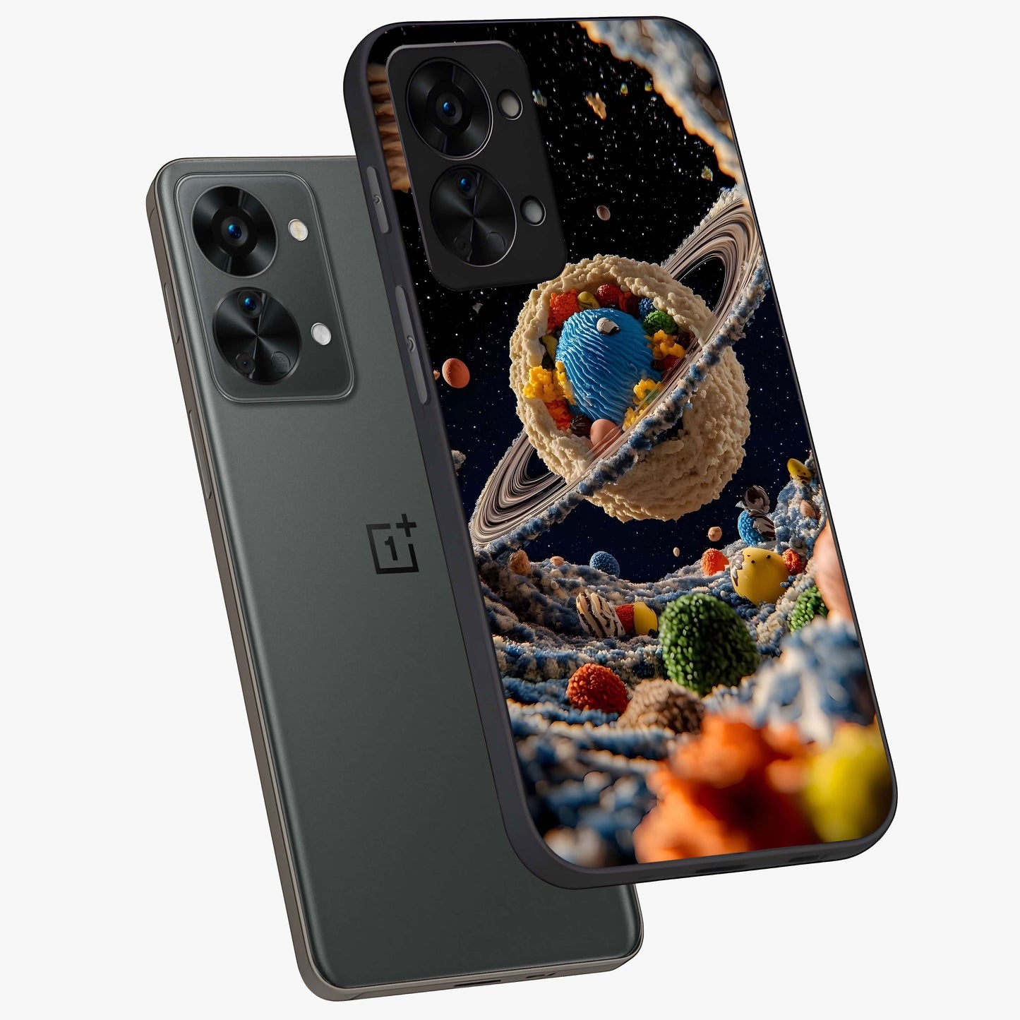 Galactic Dessert Dream Printed Glass Case for 1+Nord 2T angled mockup showcasing glossy finish and colorful galaxy tones