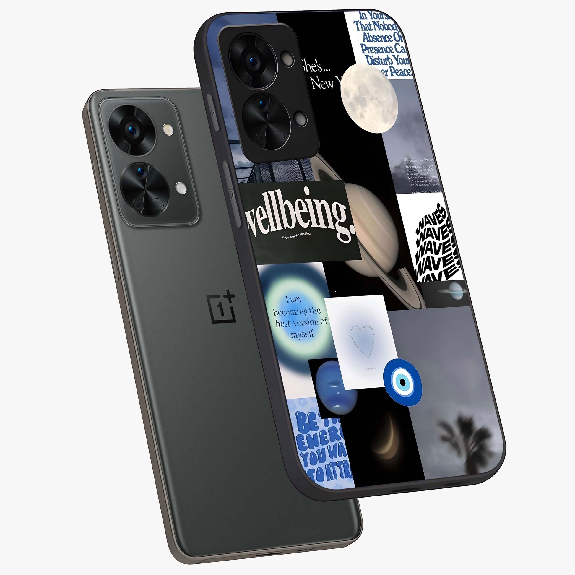 Galactic Energy Collage Glass Case for 1+Nord 2T angled mockup showcasing glossy finish and vibrant space textures