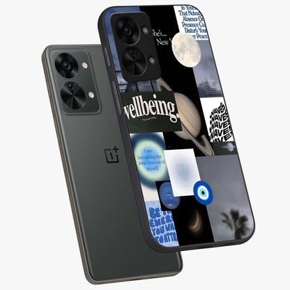 Galactic Energy Collage Glass Case for 1+Nord 2T angled mockup showcasing glossy finish and vibrant space textures