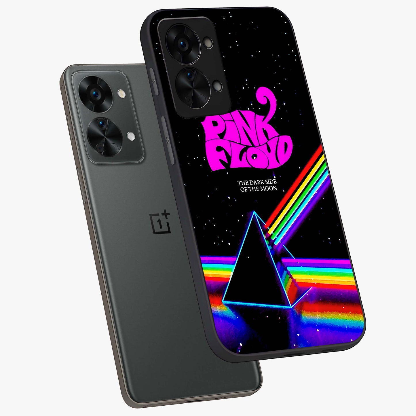 Galactic Light Frequency Glass Case for 1+Nord 2T angled mockup showcasing glossy finish and vibrant neon detailing