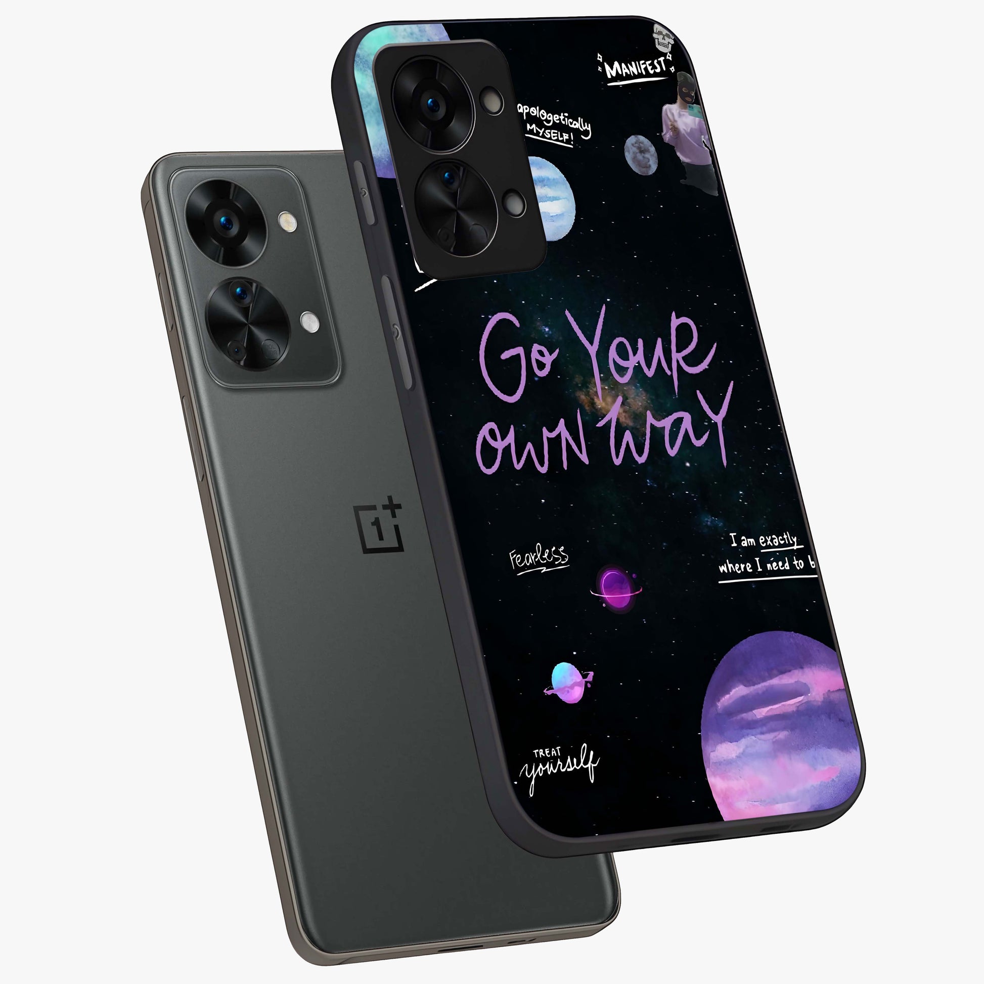Galactic Vibes Universe Glass Case for 1+Nord 2T angled mockup showcasing glossy finish and deep space gradients