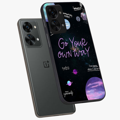 Galactic Vibes Universe Glass Case for 1+Nord 2T angled mockup showcasing glossy finish and deep space gradients