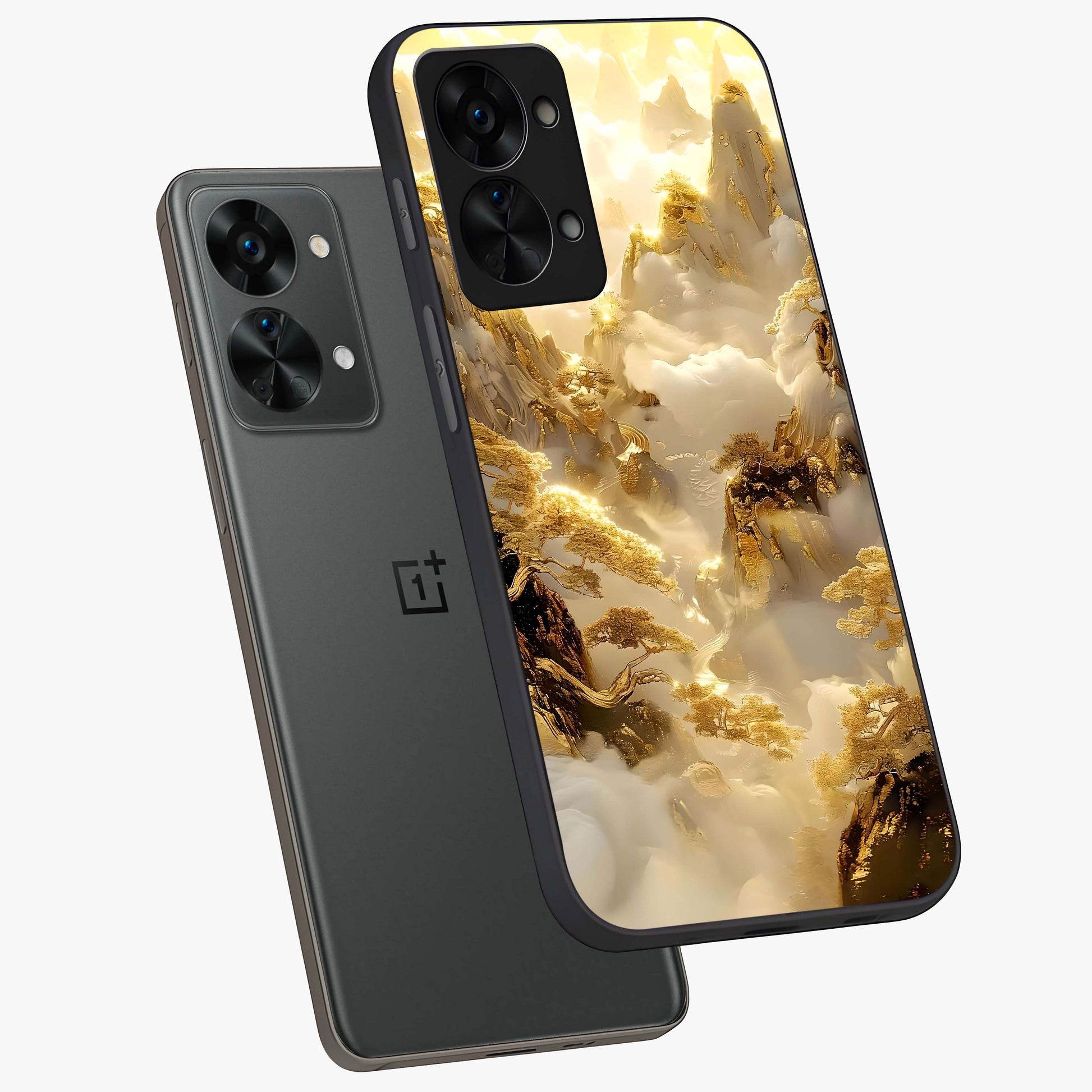 Gates of Illumination Glass Case for 1+Nord 2T angled mockup showcasing glossy finish and radiant light detailing