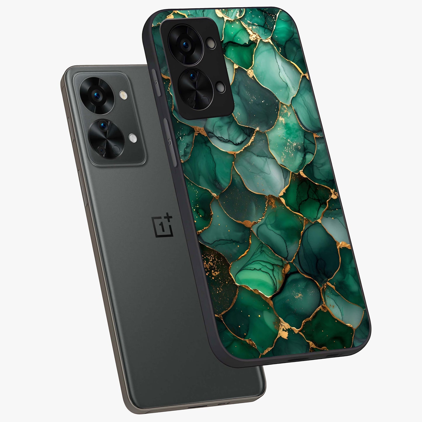 Geometric Polyester Pattern Glass Case for 1+Nord 2T angled mockup showcasing glossy finish and clean structured detailing