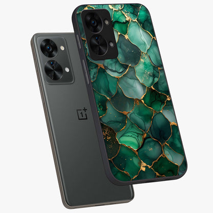Geometric Polyester Pattern Glass Case for 1+Nord 2T angled mockup showcasing glossy finish and clean structured detailing