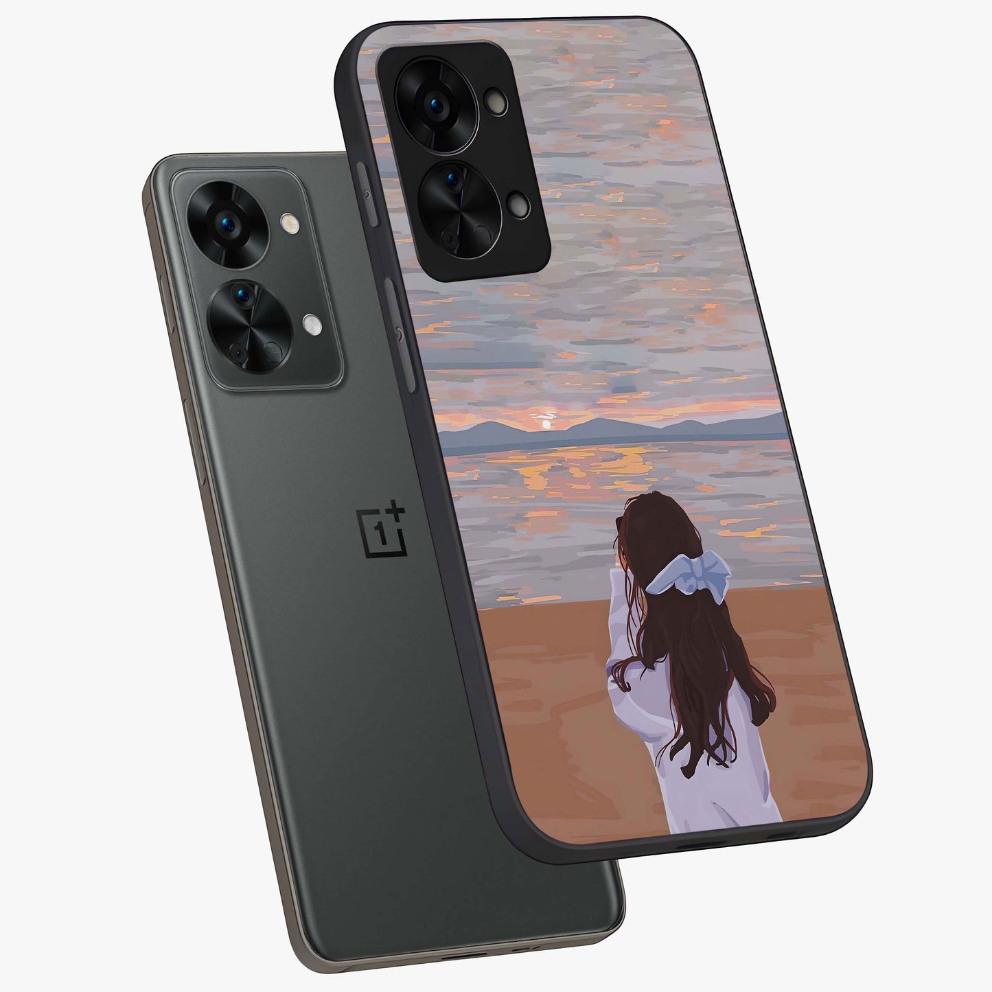 Girl Facing Sunset Beach Glass Case for 1+Nord 2T angled mockup showcasing glossy glass finish and warm beach tones