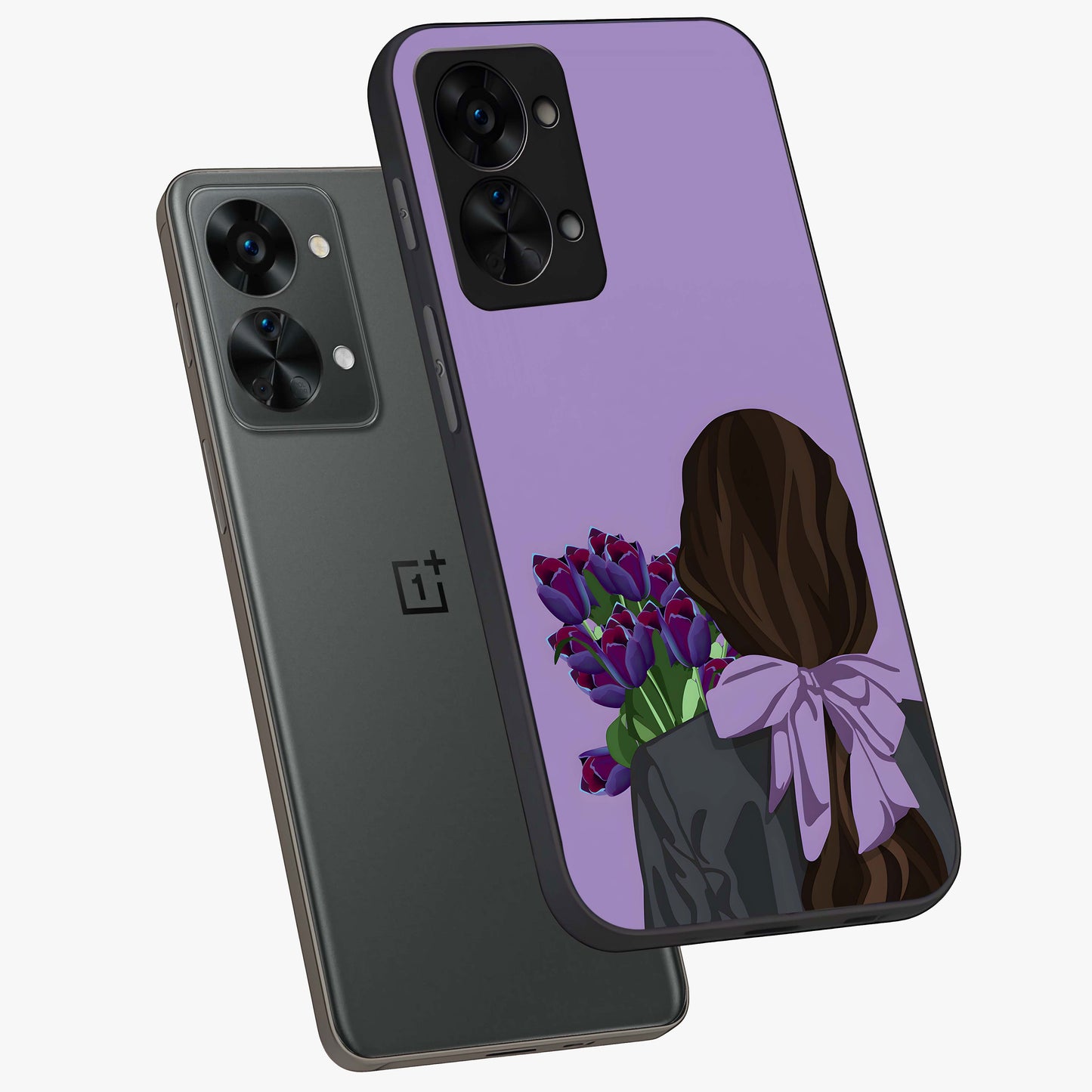 Girl Holding Flowers Glass Case for 1+Nord 2T angled mockup showcasing glossy finish and pastel bloom tones