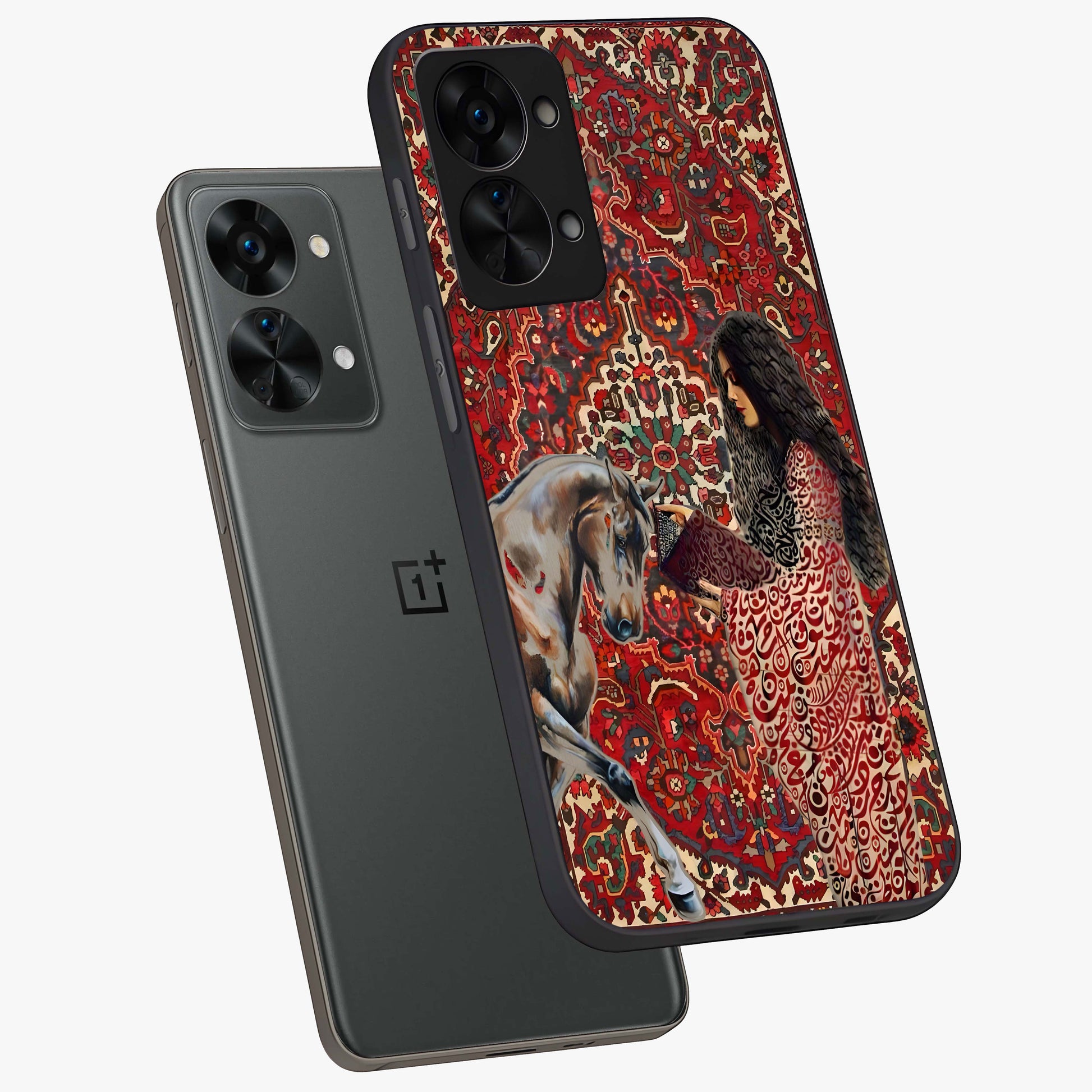 Girl With Horse Glass Case for 1+Nord 2T angled mockup showcasing glossy finish and serene countryside tones