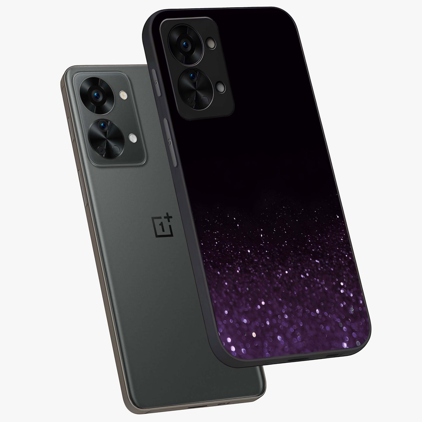 Glittery Purple Bokeh Glass Case for 1+Nord 2T angled mockup showcasing glossy finish and luminous shimmer tones