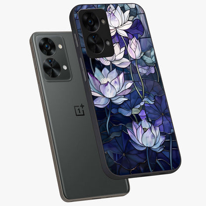 Gloss Petal Rush Glass Case for 1+Nord 2T angled mockup showcasing shiny glass finish and vibrant bloom detailing