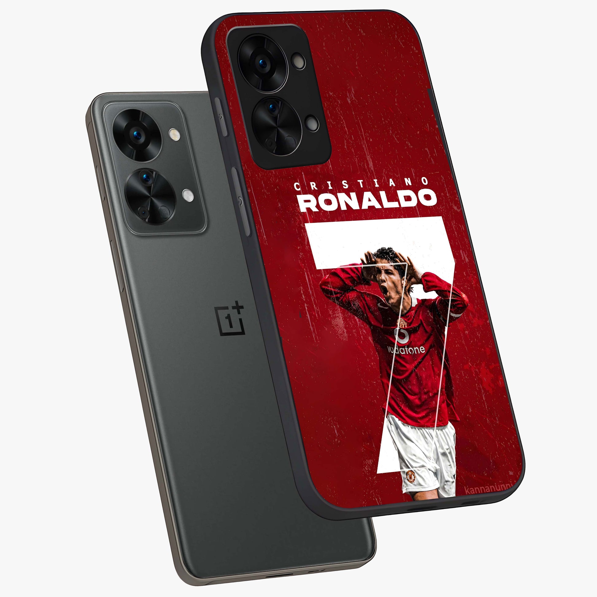 Goal Celebration Legacy Glass Case for 1+Nord 2T angled mockup showcasing glossy finish and dynamic action tones