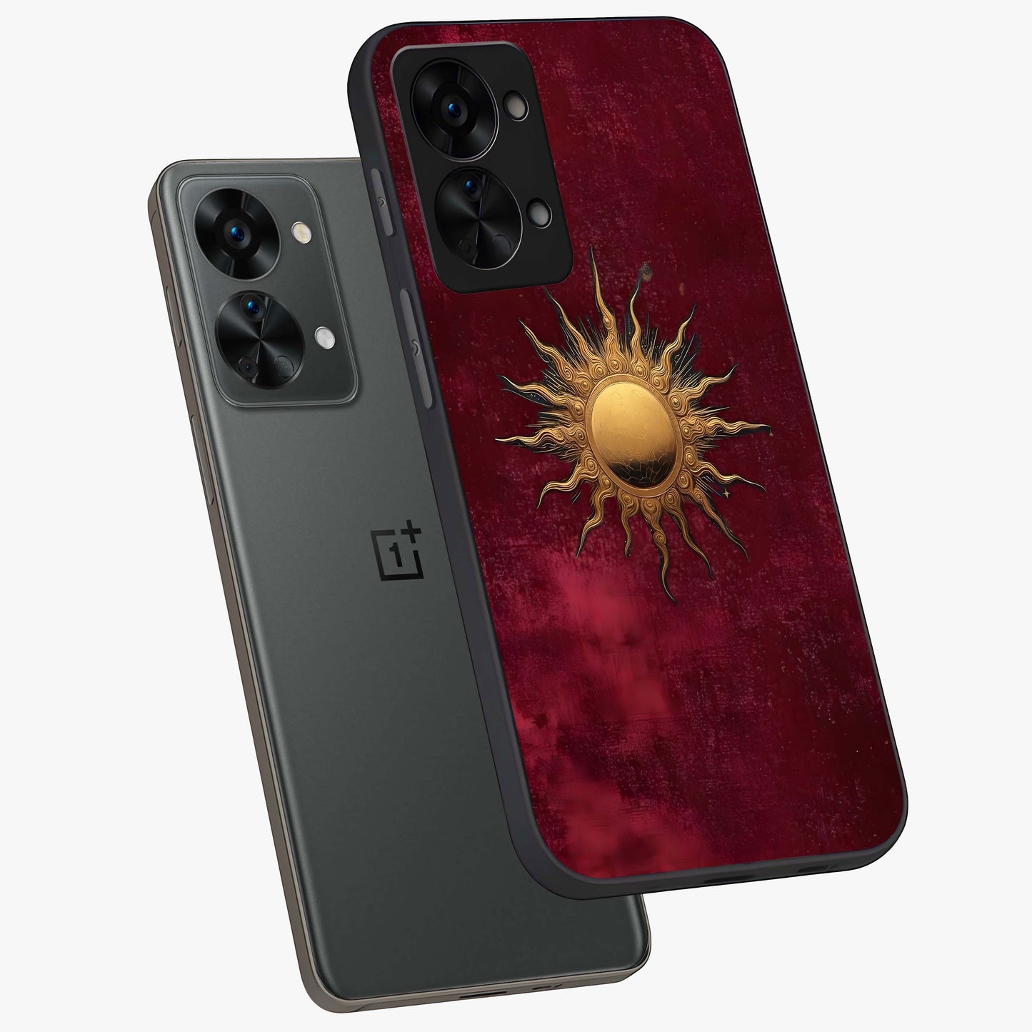 Gold Sun Blush Glass Case for 1+Nord 2T angled mockup showcasing glossy finish and soft blush tones