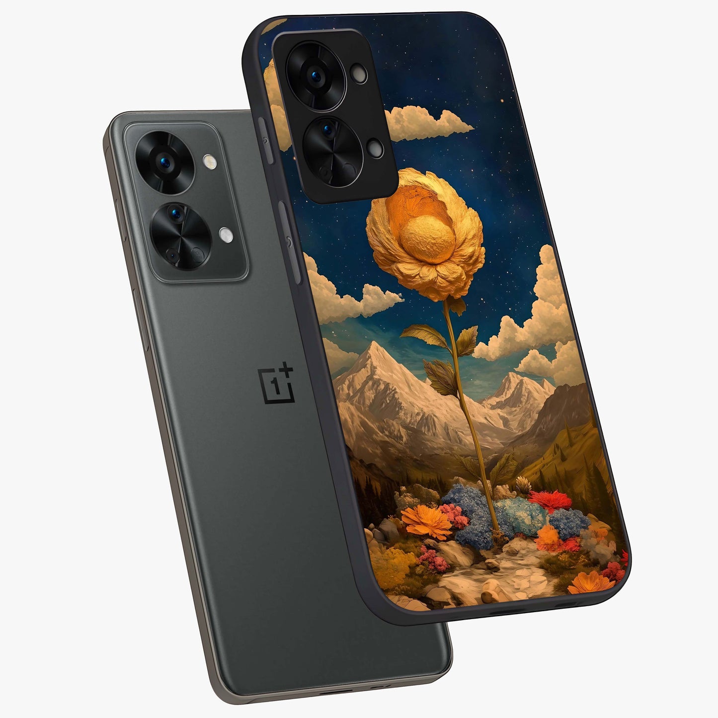 Golden Bloom Night Glass Case for 1+Nord 2T angled mockup showcasing glossy glass finish and rich night tones