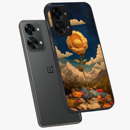 Golden Bloom Night Glass Case for 1+Nord 2T angled mockup showcasing glossy glass finish and rich night tones