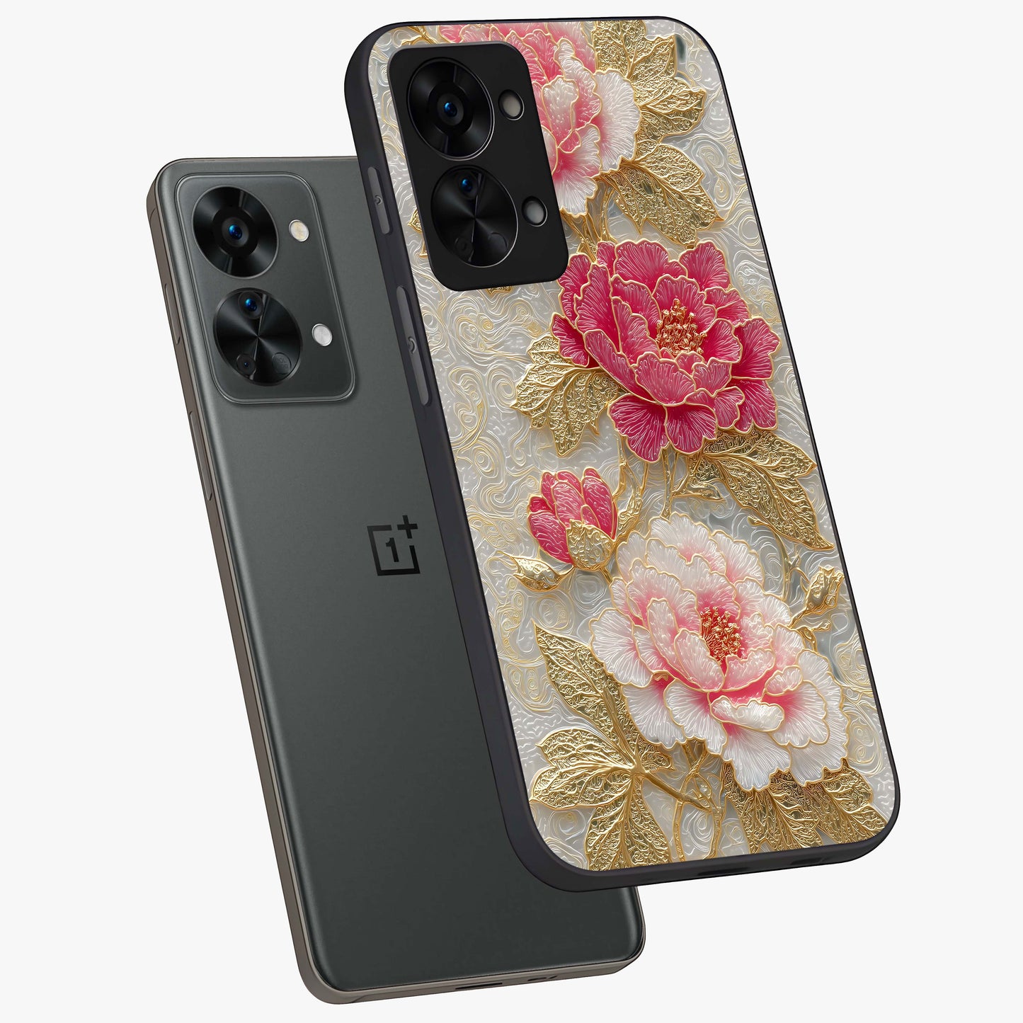 Golden Blossom Elegance Glass Case for 1+Nord 2T angled mockup showcasing glossy finish and luxurious bloom tones