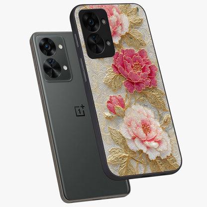 Golden Blossom Elegance Glass Case for 1+Nord 2T angled mockup showcasing glossy finish and luxurious bloom tones