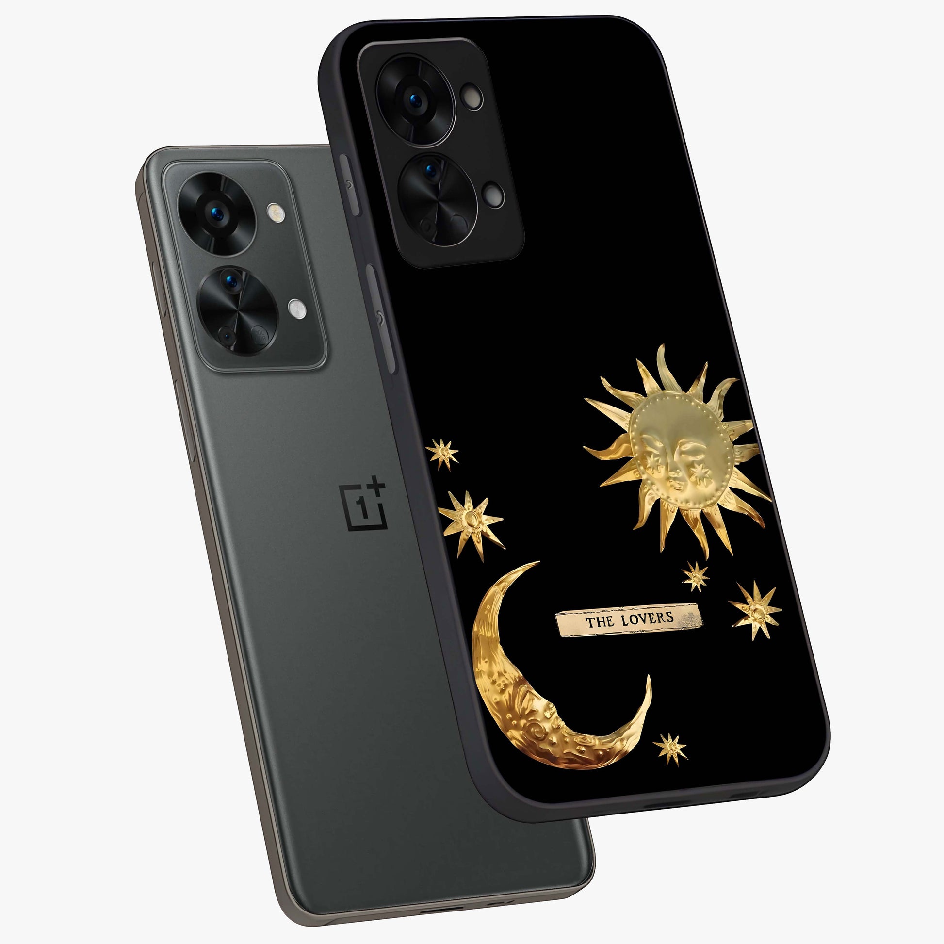 Golden Celestial Charm Glass Case for 1+Nord 2T angled mockup showcasing glossy finish and shimmering cosmic tones