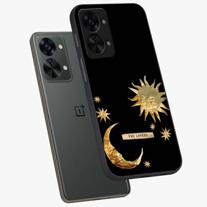 Golden Celestial Charm Glass Case for 1+Nord 2T angled mockup showcasing glossy finish and shimmering cosmic tones