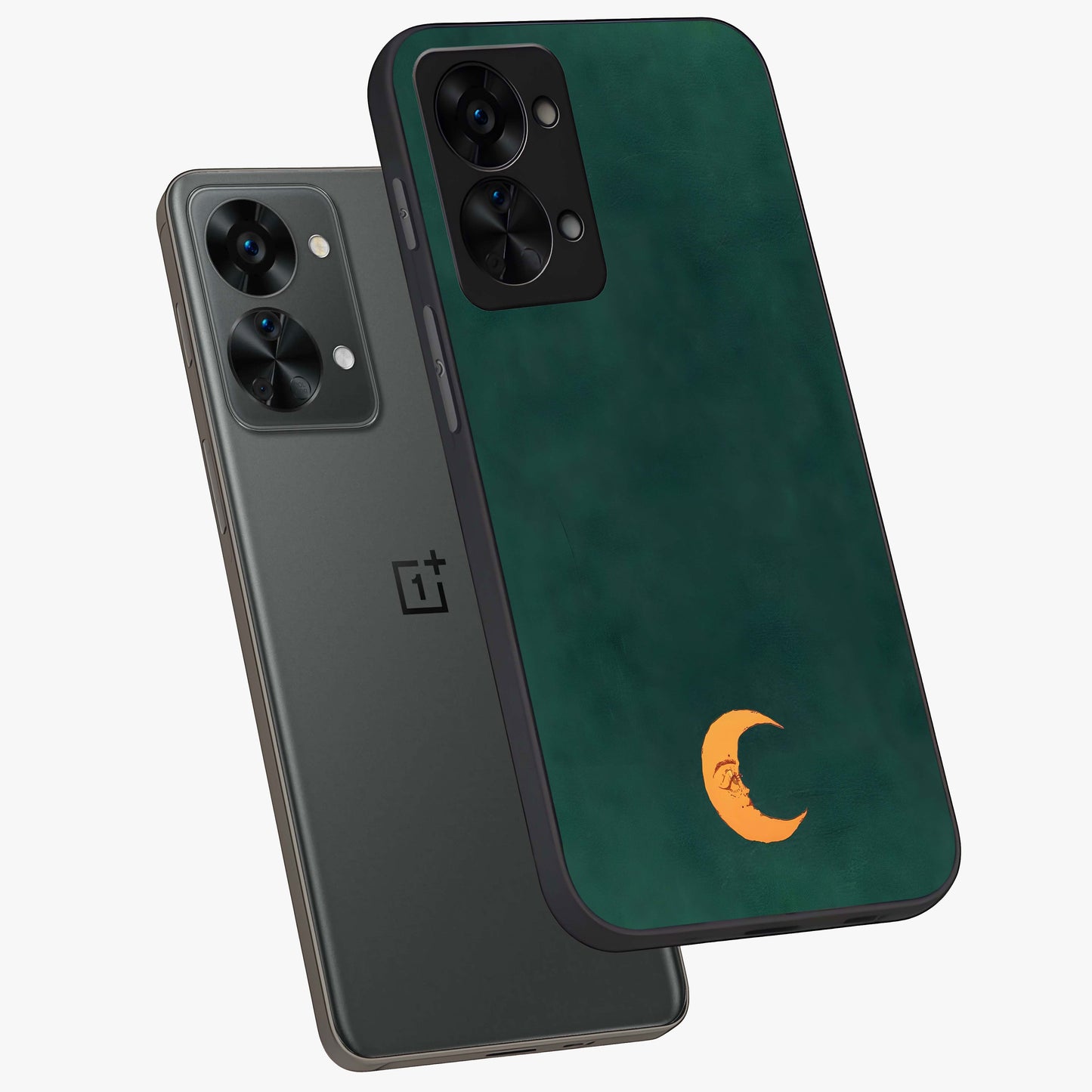 Golden Crescent Mood Glass Case for 1+Nord 2T angled mockup showcasing glossy finish and subtle night gradients