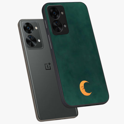 Golden Crescent Mood Glass Case for 1+Nord 2T angled mockup showcasing glossy finish and subtle night gradients