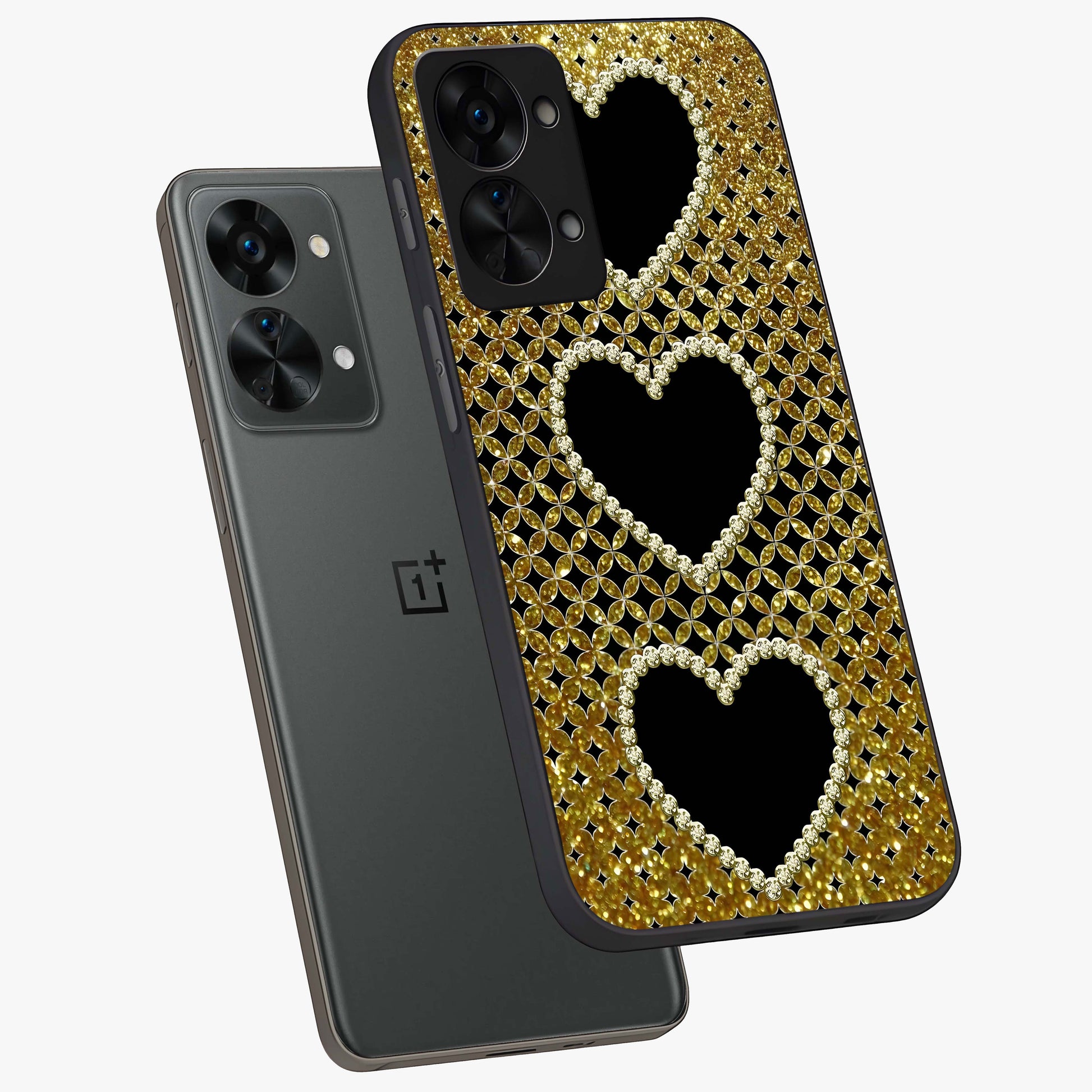 Golden Heart Glow Glass Case for 1+Nord 2T angled mockup showcasing glossy finish and radiant warm tones