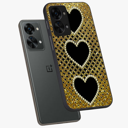 Golden Heart Glow Glass Case for 1+Nord 2T angled mockup showcasing glossy finish and radiant warm tones