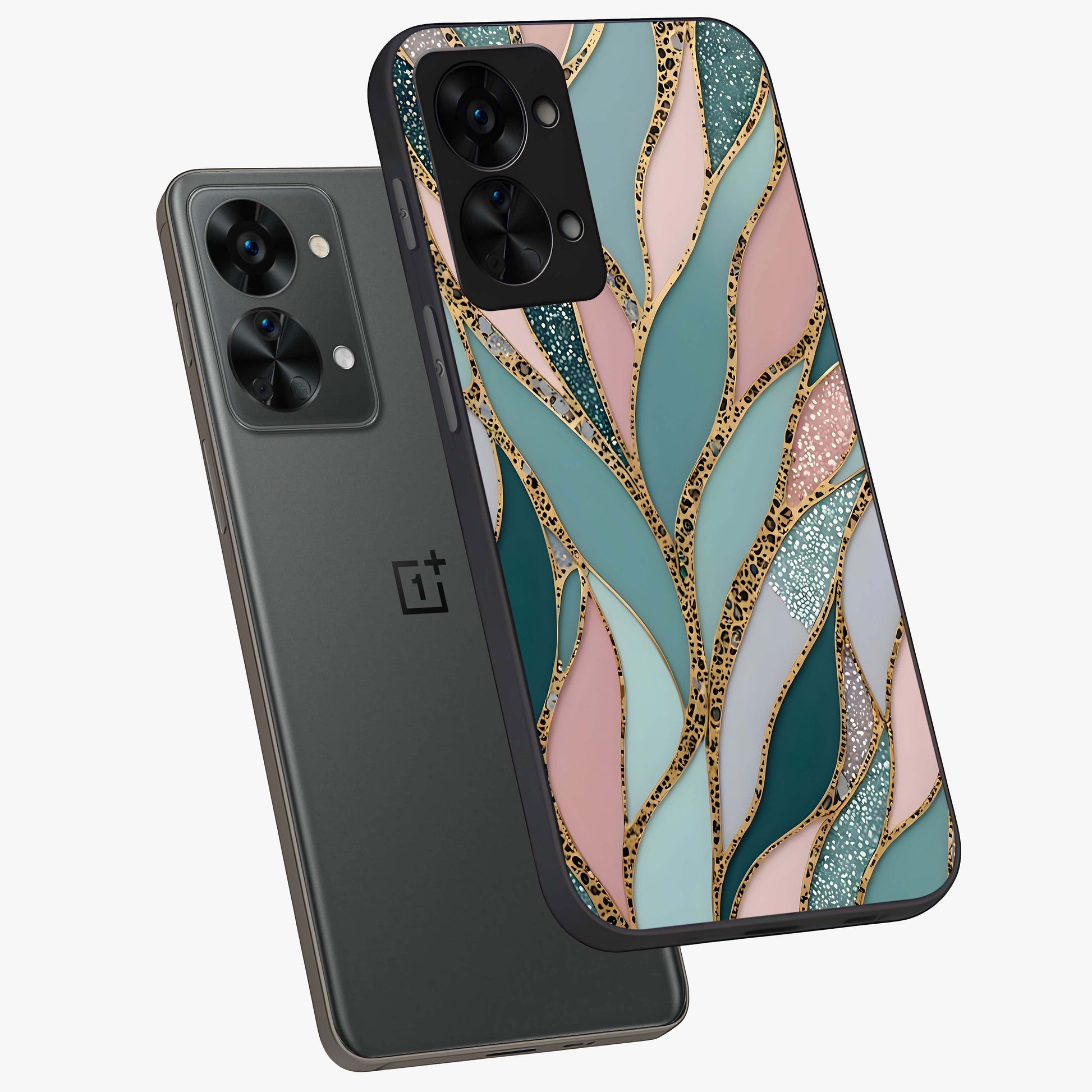 Golden Leaf Dreams Glass Case for 1+Nord 2T angled mockup showcasing glossy finish and refined botanical tones