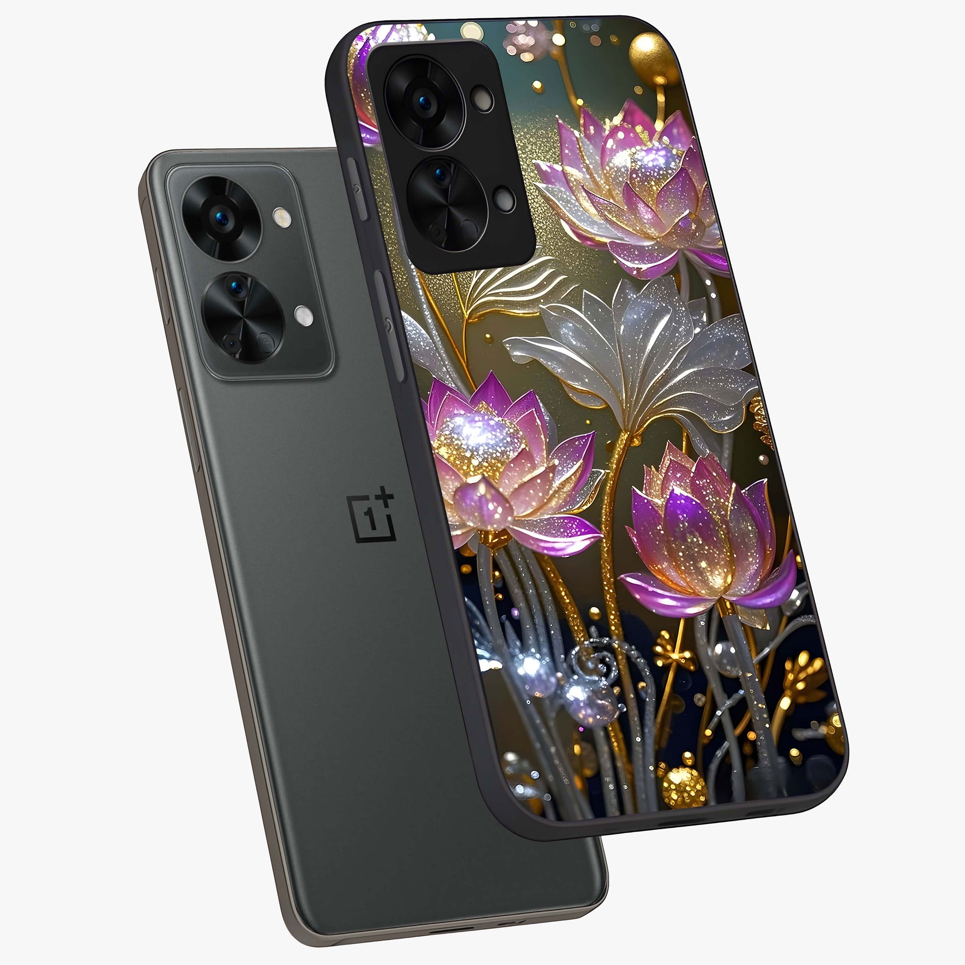 Golden Lotus Glow Glass Case for 1+Nord 2T angled mockup showcasing glossy finish and luminous spiritual tones