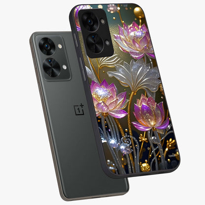 Golden Lotus Glow Glass Case for 1+Nord 2T angled mockup showcasing glossy finish and luminous spiritual tones