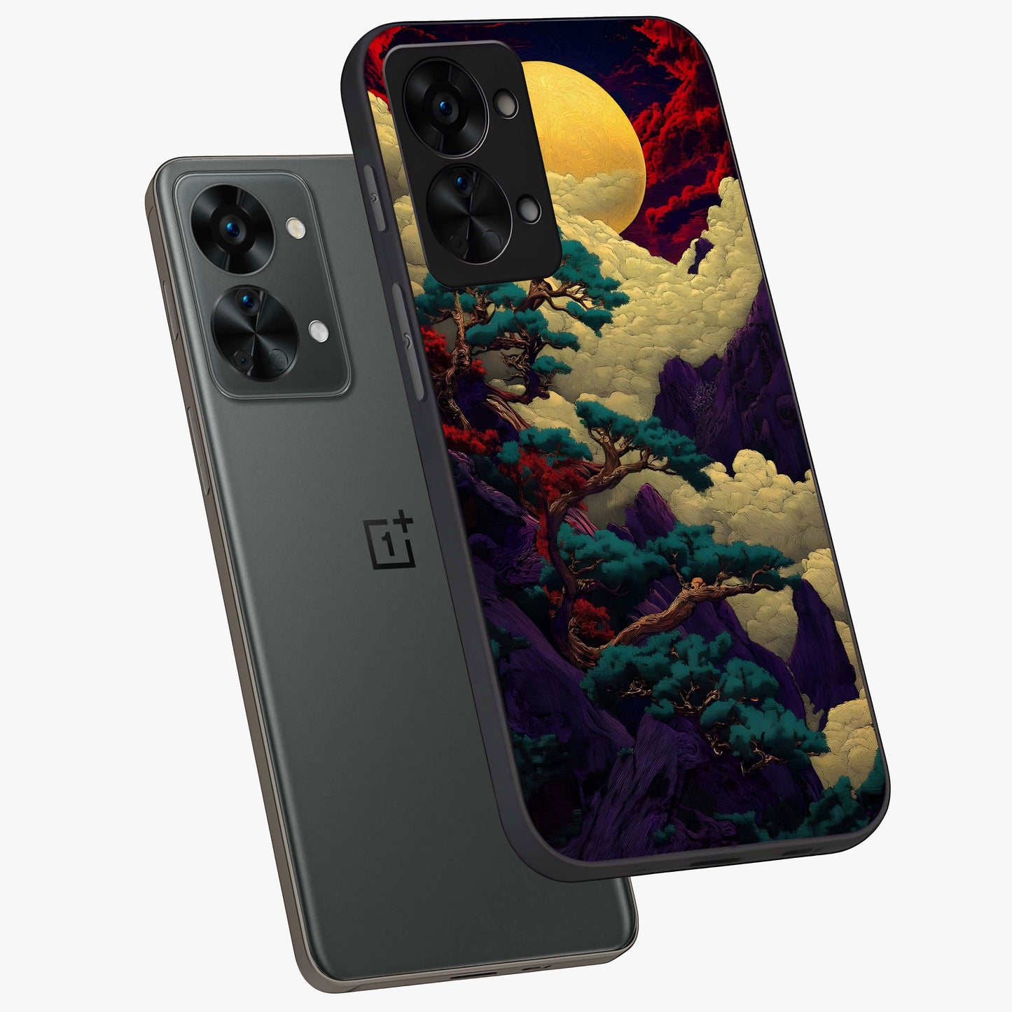 Golden Moon Horizon Glass Case for 1+Nord 2T angled mockup showcasing glossy finish and warm gradient tones