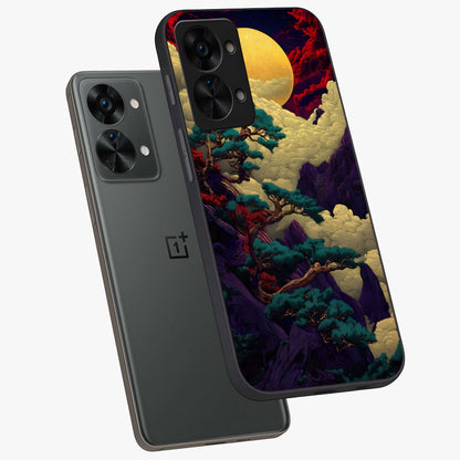 Golden Moon Horizon Glass Case for 1+Nord 2T angled mockup showcasing glossy finish and warm gradient tones