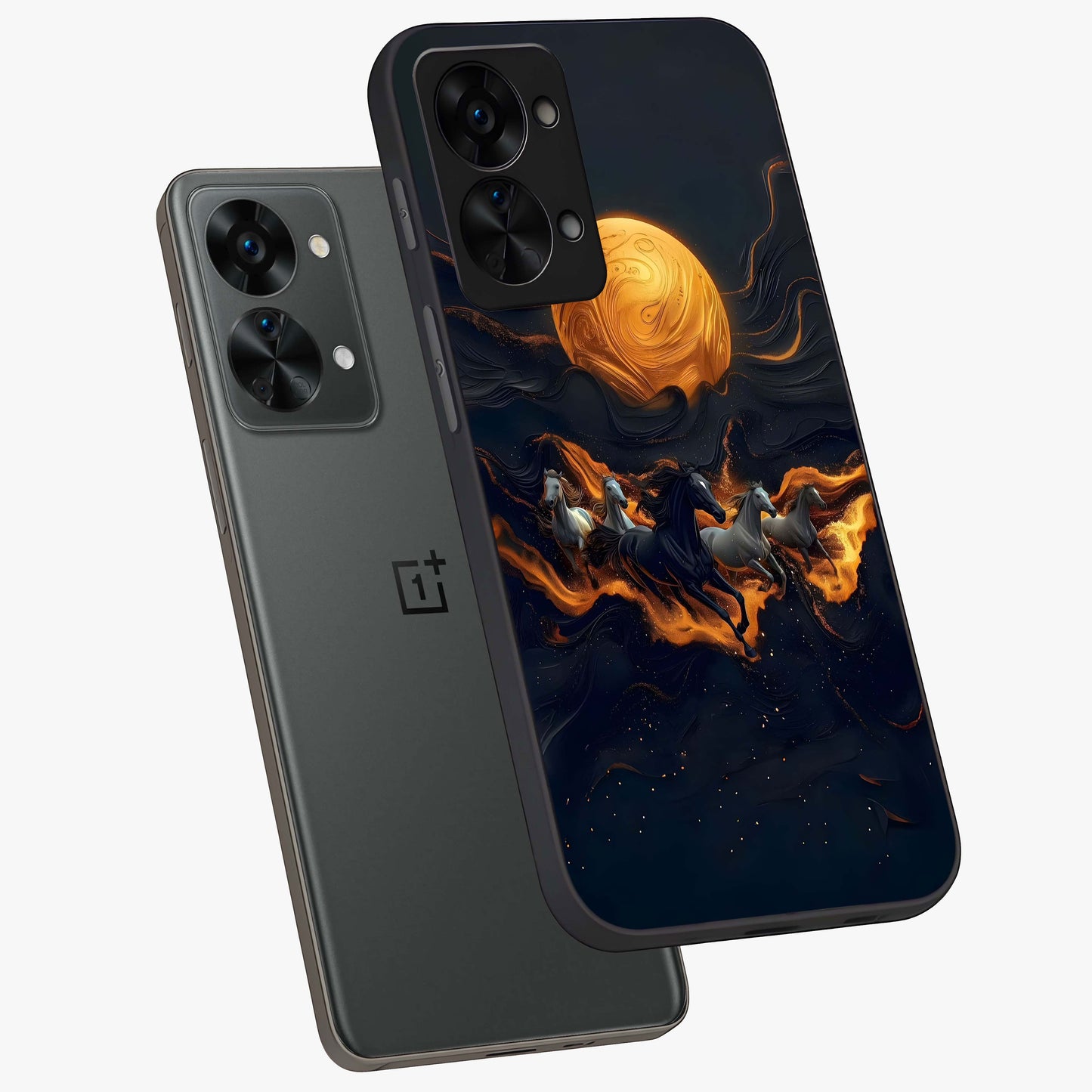 Golden Stallion Moonride Glass Case for 1+Nord 2T angled mockup showcasing glossy finish and rich celestial tones