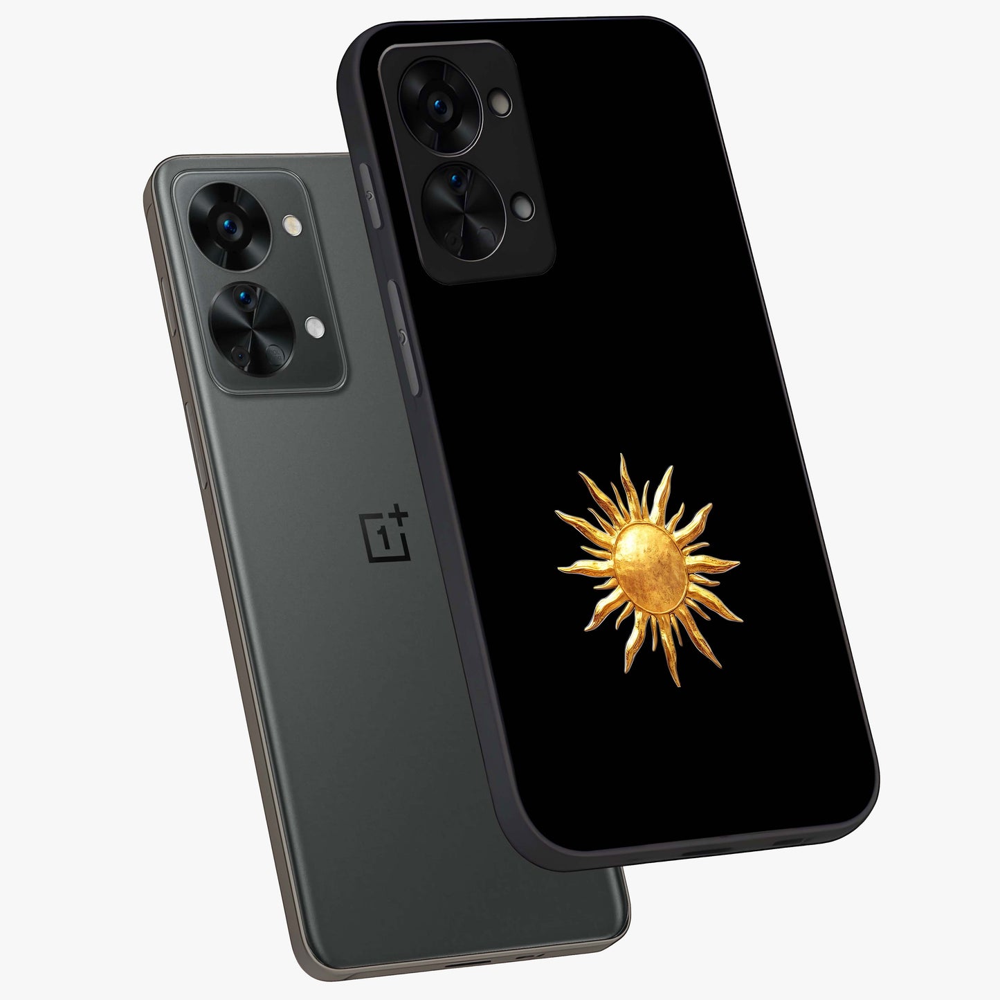 Golden Sun Minimalism Glass Case for 1+Nord 2T angled mockup showcasing glossy finish and subtle warm tones