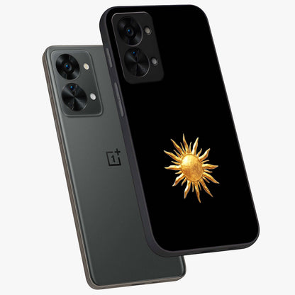 Golden Sun Minimalism Glass Case for 1+Nord 2T angled mockup showcasing glossy finish and subtle warm tones