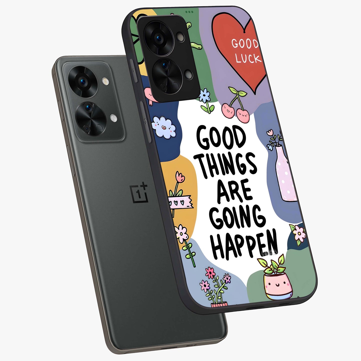 Good Thing Quote Glass Case for 1+Nord 2T angled mockup showcasing glossy finish and clean modern design