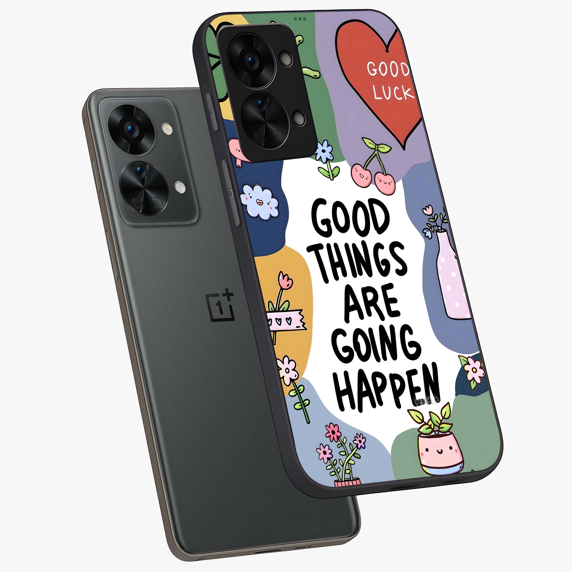 Good Thing Quote Glass Case for 1+Nord 2T angled mockup showcasing glossy finish and clean modern design