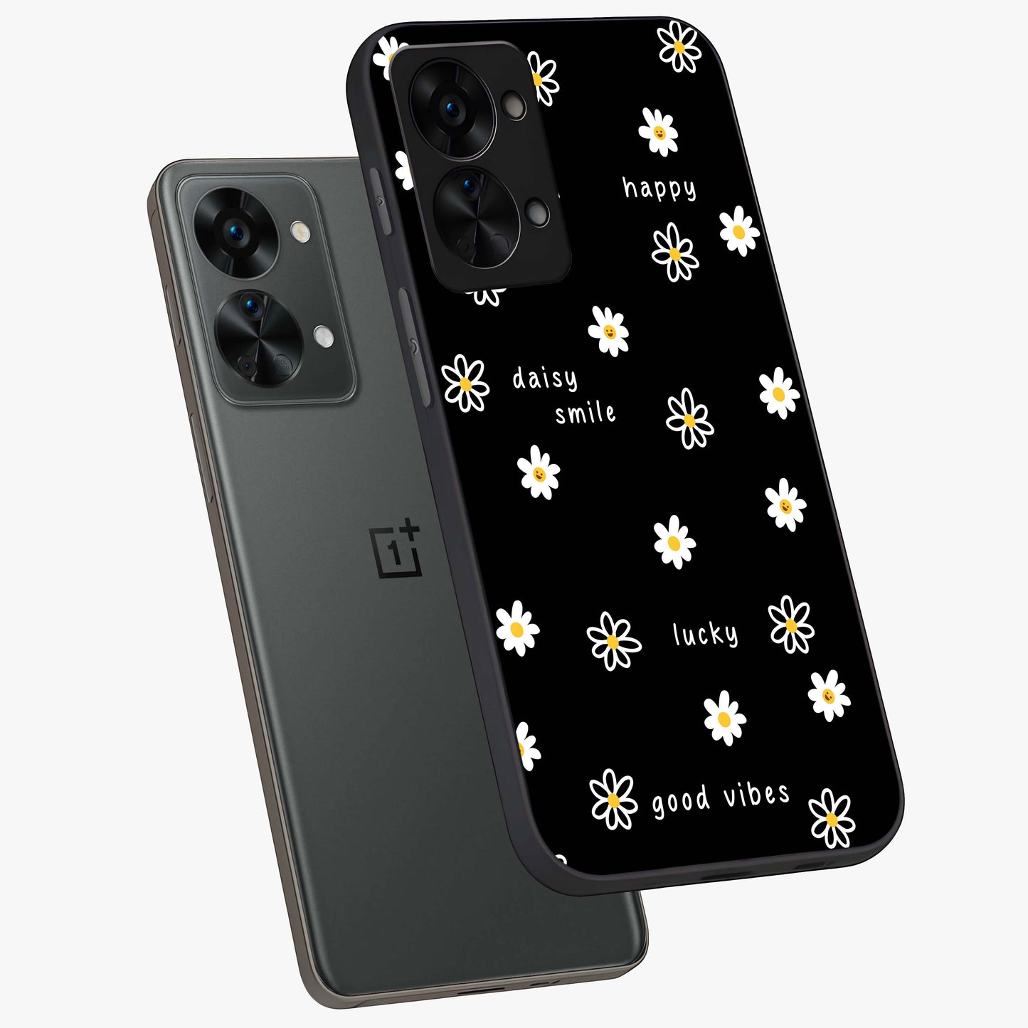 Good Vibes Daisy Black Pattern Glass Case for 1+Nord 2T angled mockup showcasing glossy finish and bold floral contrast