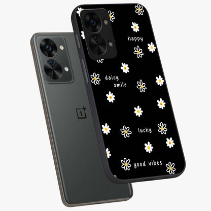 Good Vibes Daisy Black Pattern Glass Case for 1+Nord 2T angled mockup showcasing glossy finish and bold floral contrast