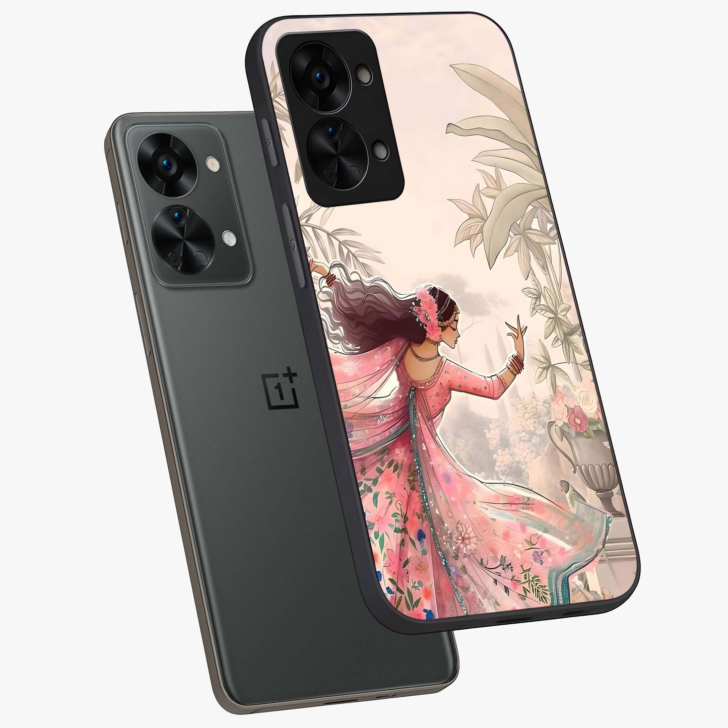 Graceful Garden Rhythm Glass Case for 1+Nord 2T angled mockup showcasing glossy glass finish and soft bloom detailing