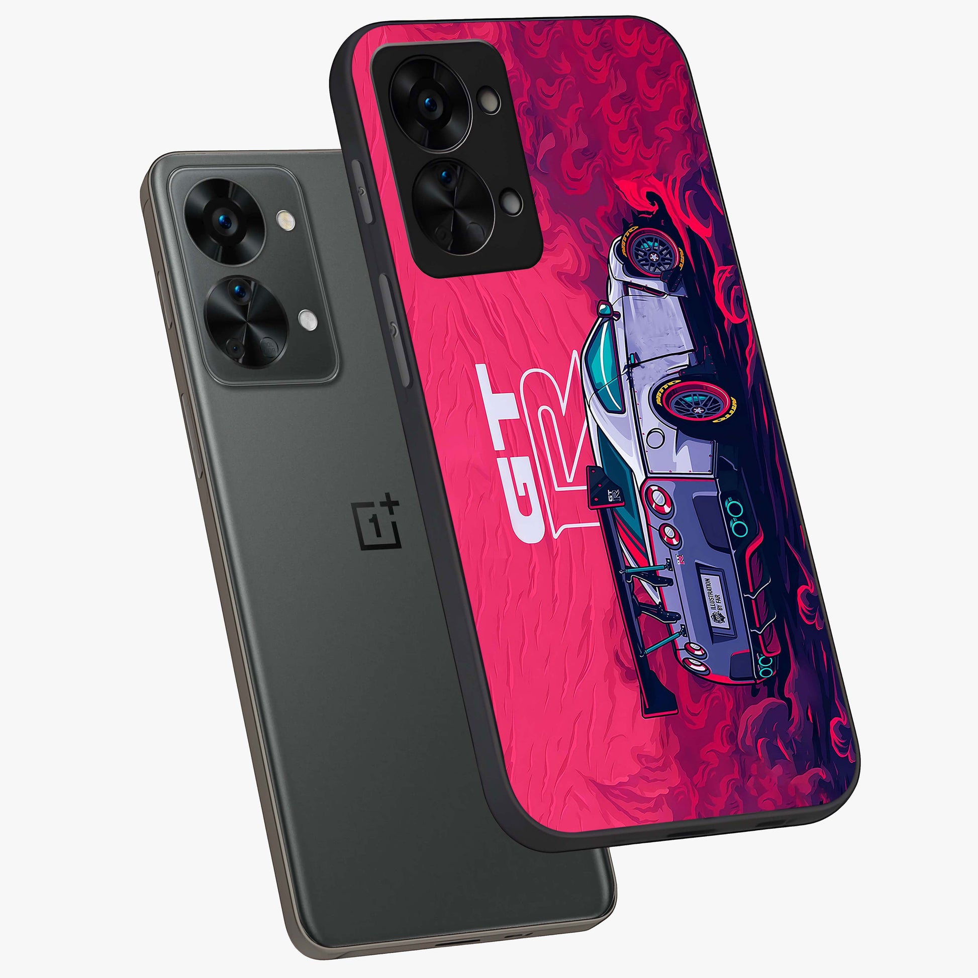 Gt R Car Pattern Glass Case for 1+Nord 2T angled mockup showcasing glossy finish and sporty detailing