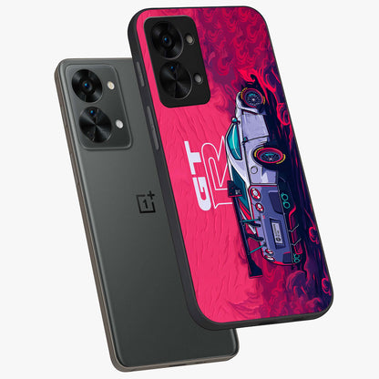 Gt R Car Pattern Glass Case for 1+Nord 2T angled mockup showcasing glossy finish and sporty detailing