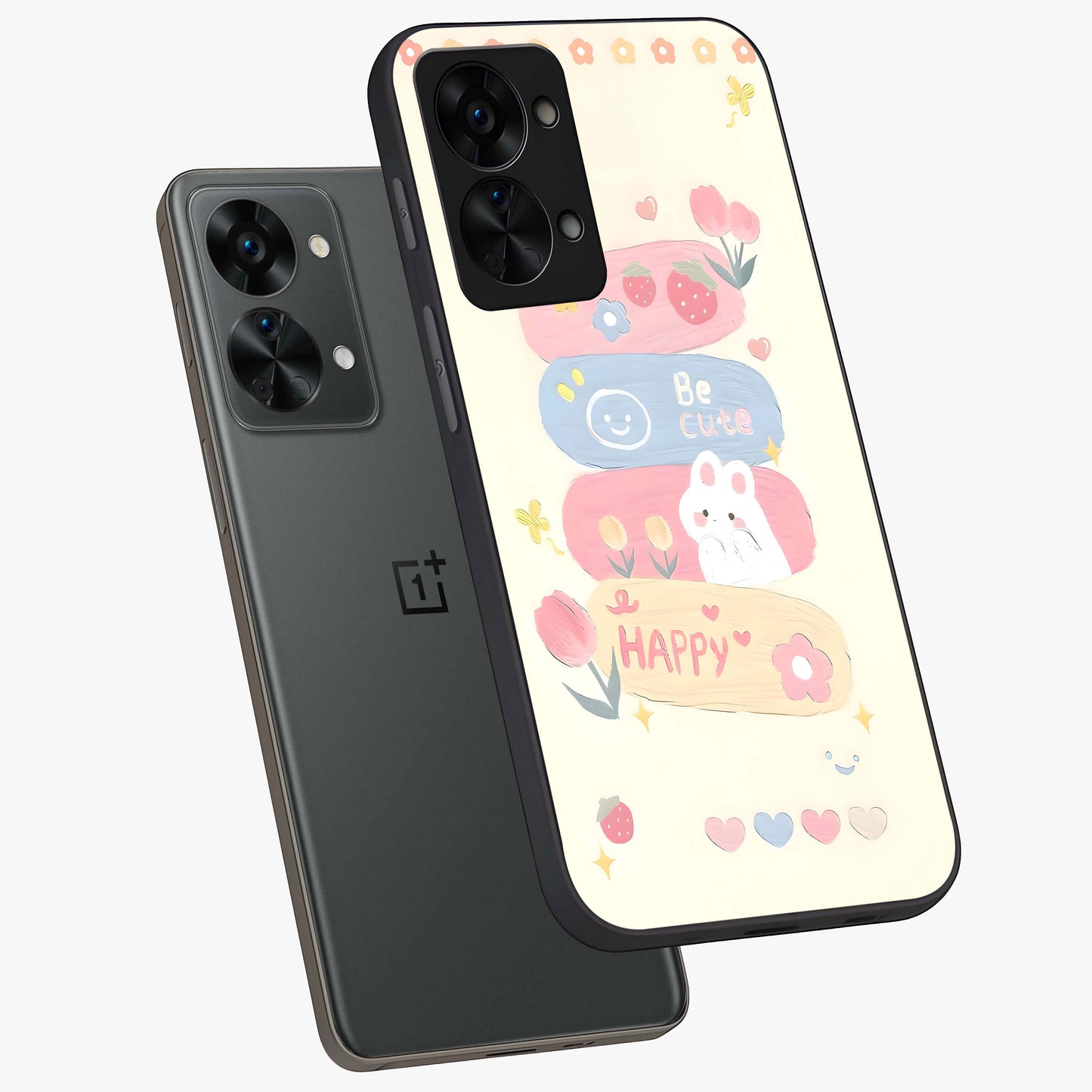Happy Cute Bunny Glass Case for 1+Nord 2T angled mockup showcasing glossy finish and soft pastel tones