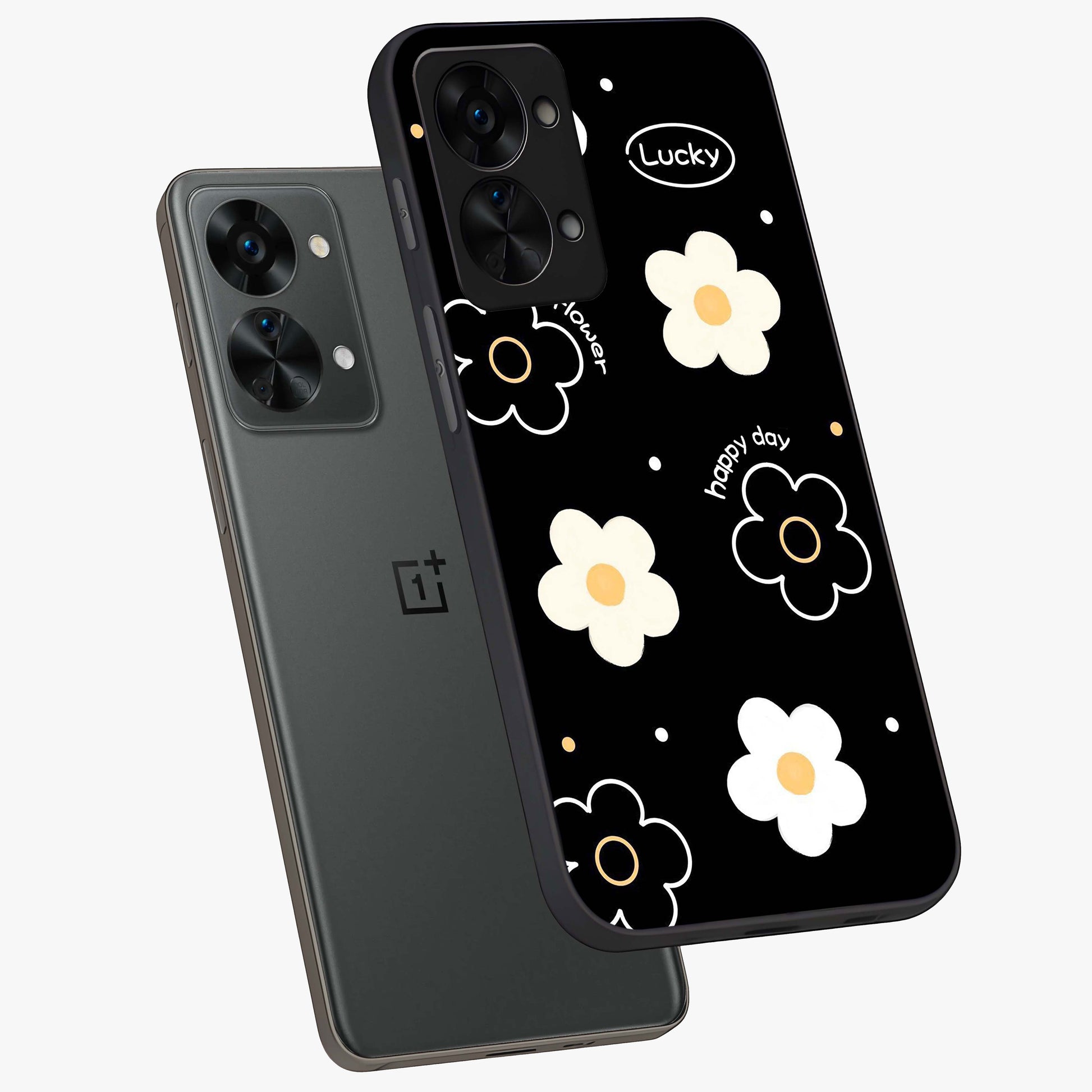 Happy Day Daisy Glass Case for 1+Nord 2T angled mockup showcasing glossy finish and vibrant bloom tones