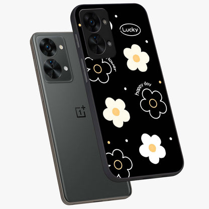 Happy Day Daisy Glass Case for 1+Nord 2T angled mockup showcasing glossy finish and vibrant bloom tones