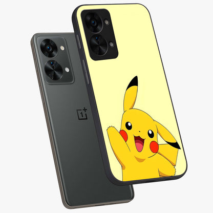 Happy Electric Pikachu Glass Case for 1+Nord 2T angled mockup showcasing glossy finish and vibrant yellow tones