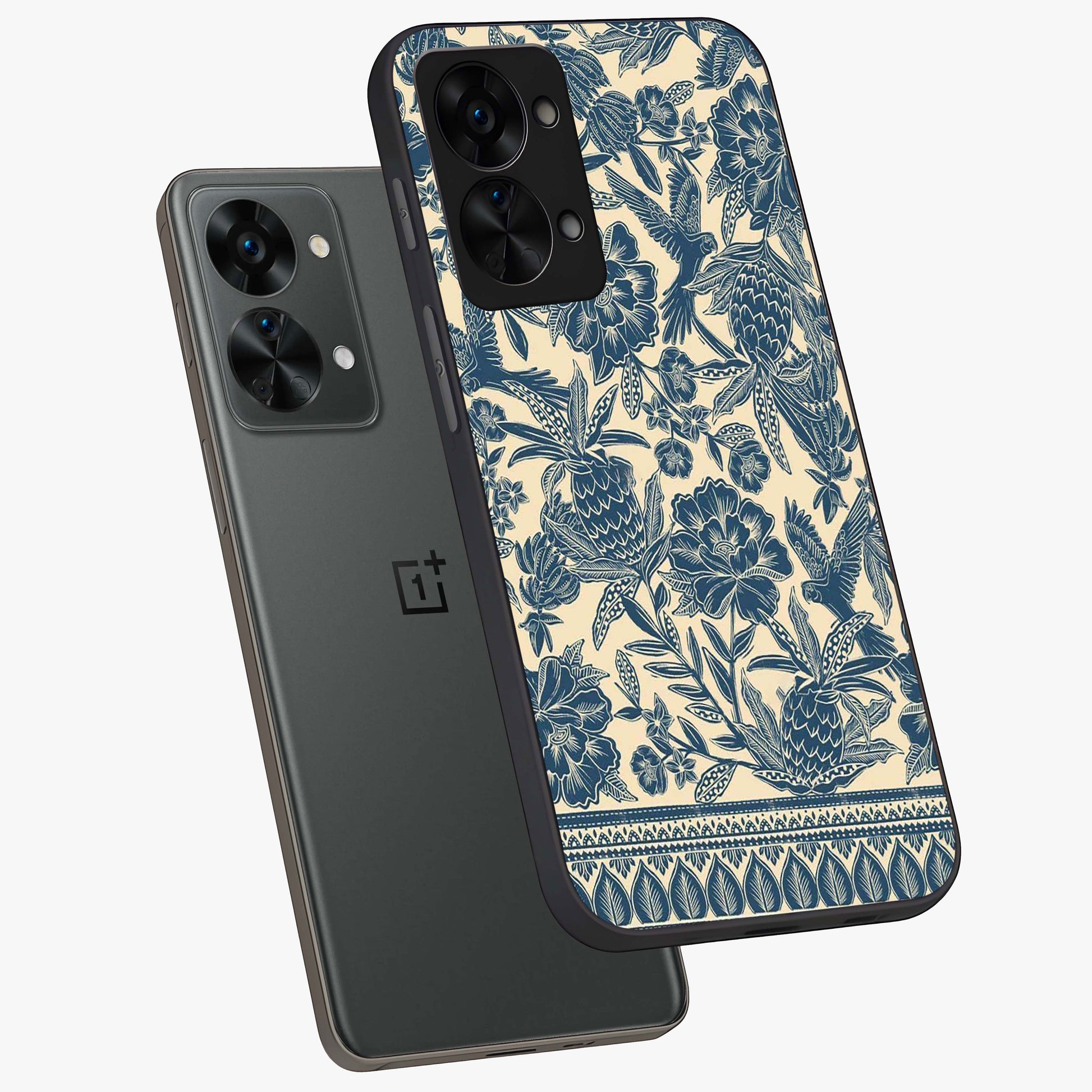 Heirloom Wild Bloom Glass Case for 1+Nord 2T angled mockup showcasing glossy finish and rich botanical textures