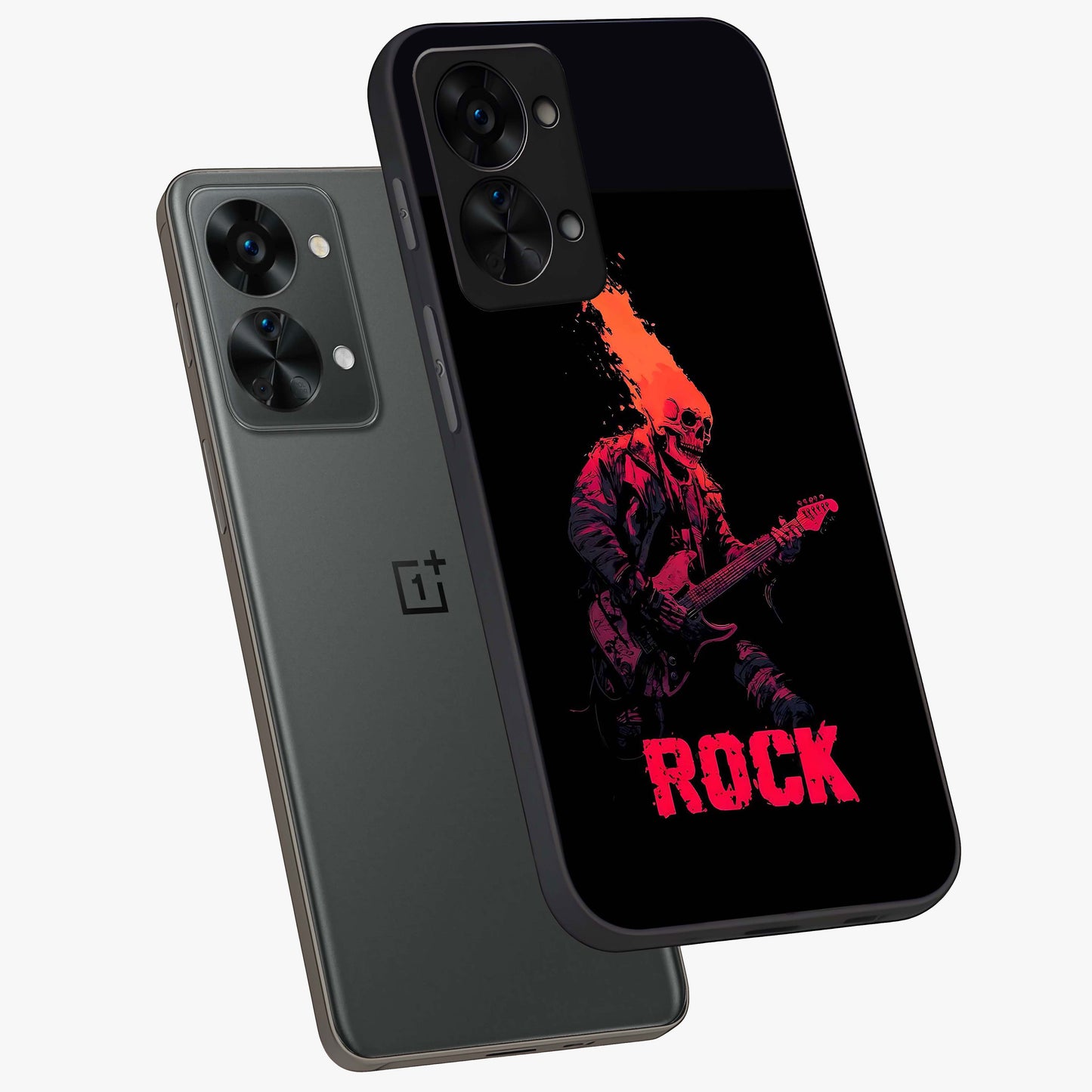 Hellfire Rock Anthem Glass Case for 1+Nord 2T captured at a warm angle highlighting bold flame tones, gloss, and edge clarity.